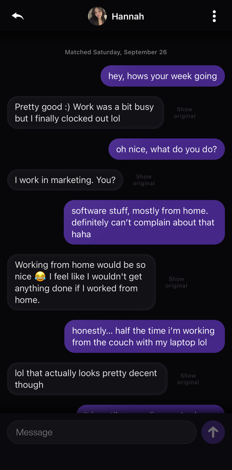 The same chat with Hannah, her messages translated into English.