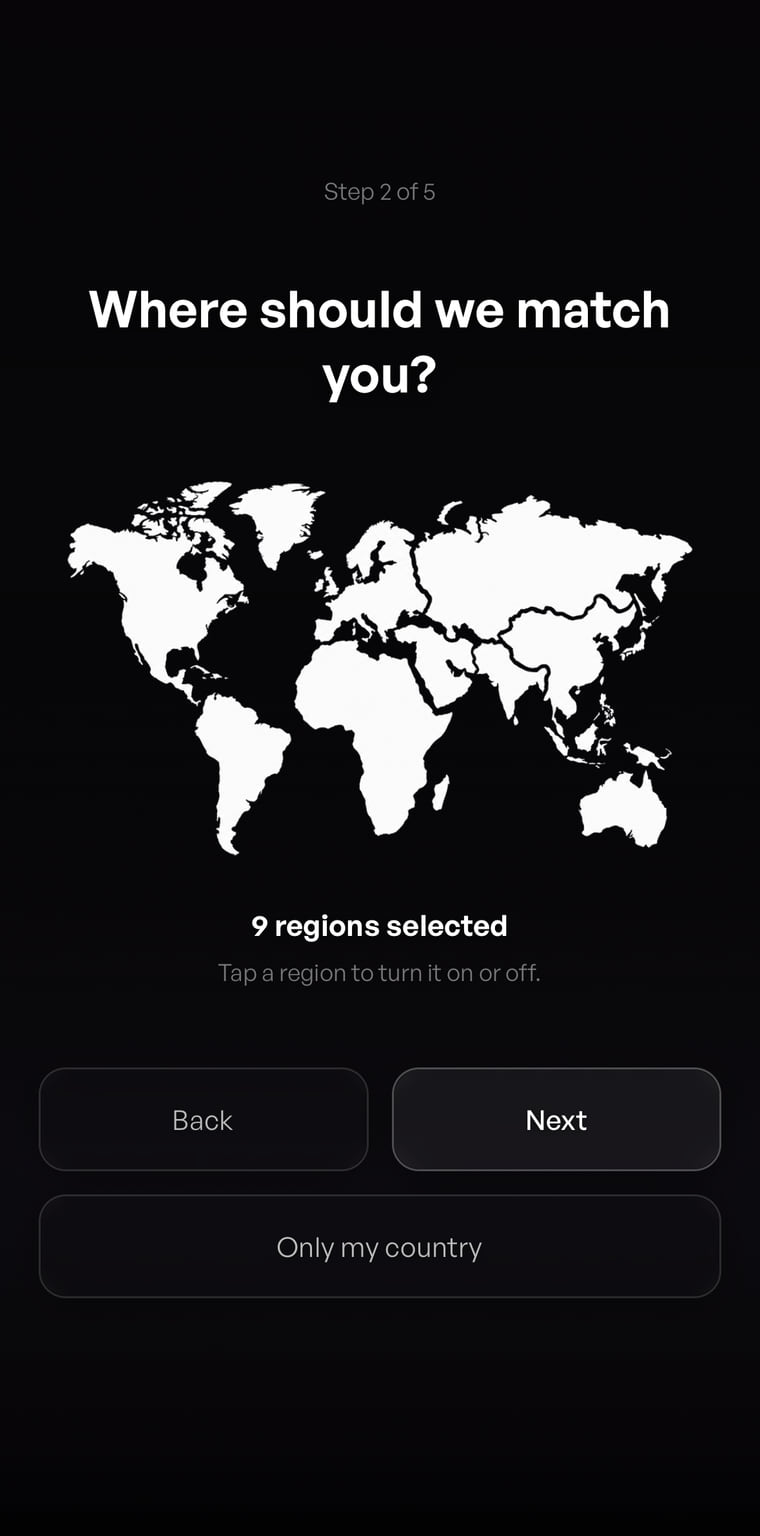 Choosing where to match: a world map with nine regions selected.