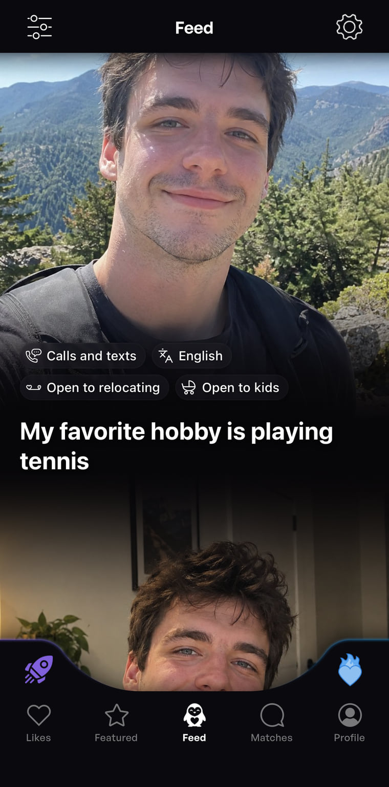 A profile scrolled to its details: calls and texts, English, open to relocating, open to kids, and a prompt about tennis.